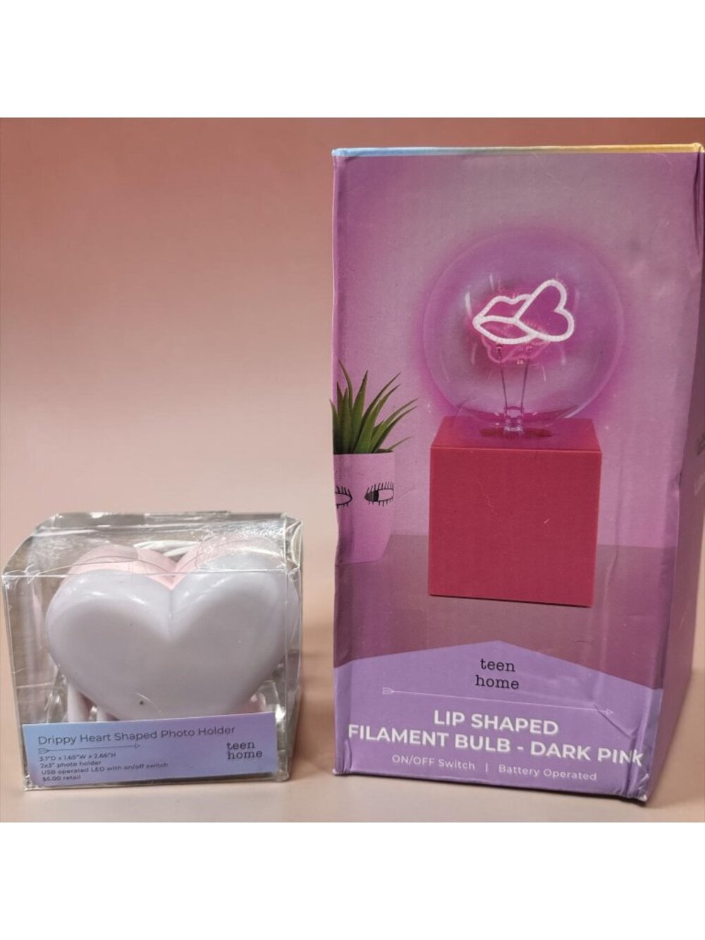 Heart & Lip LED Decor Bundle: Drippy Heart Photo Holder & Dark Pink Lip Filament